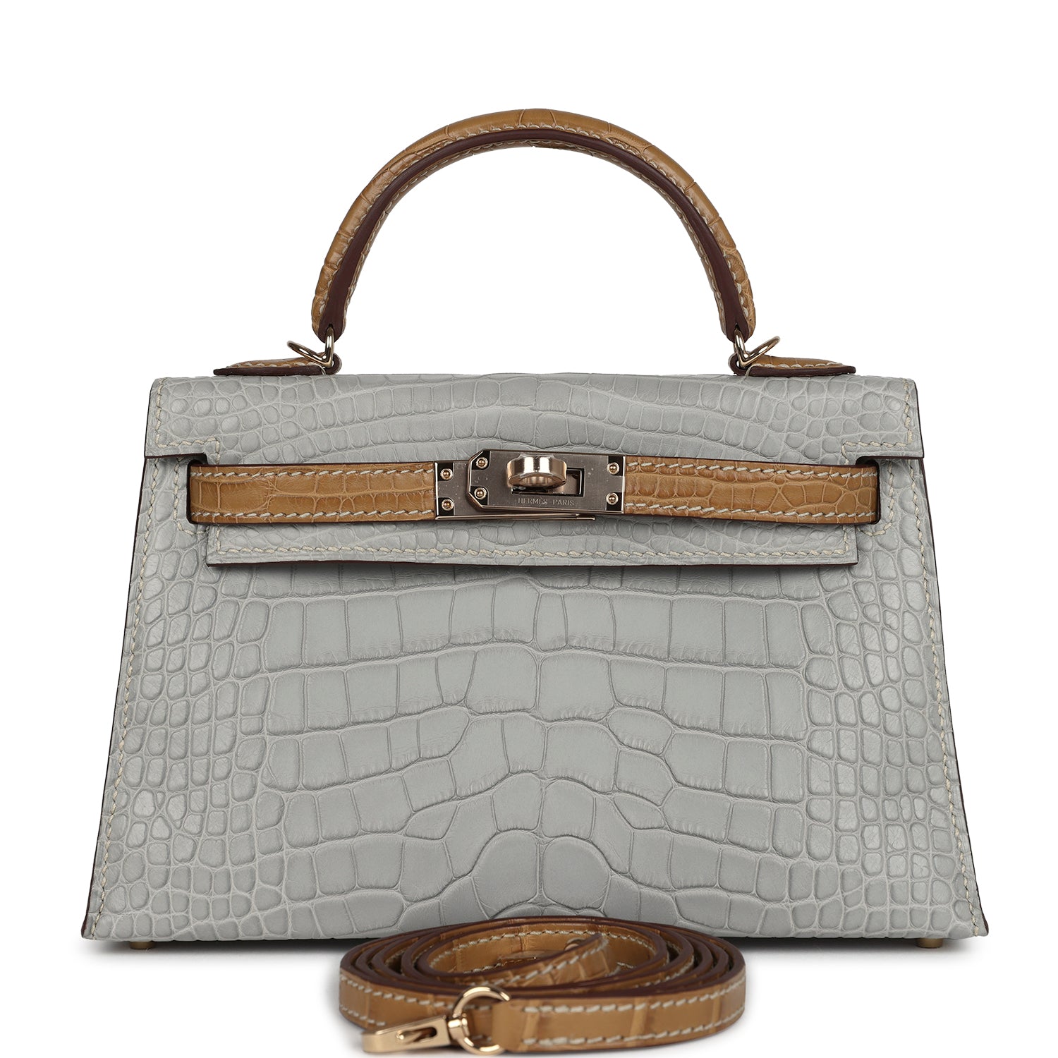 Hermes Special Order (HSS) Kelly Sellier 20 Gris Perle and Kraft Matte Alligator Permabrass Hardware - Exclusu