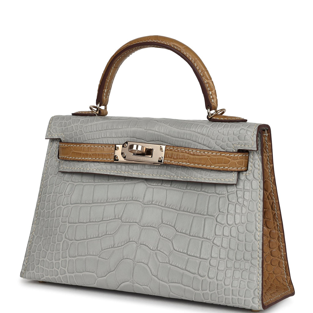 Hermes Special Order (HSS) Kelly Sellier 20 Gris Perle and Kraft Matte Alligator Permabrass Hardware - Exclusu