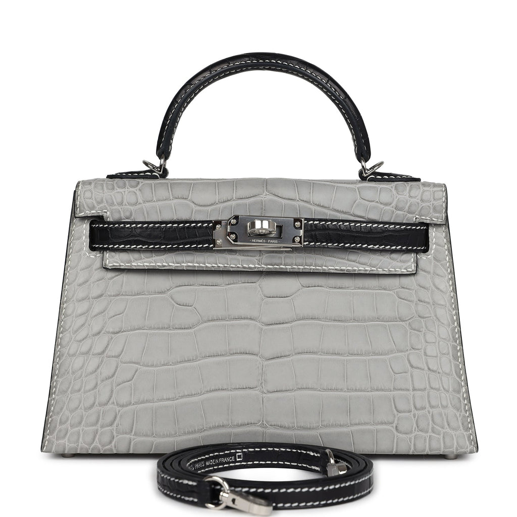 Hermes Special Order (HSS) Kelly Sellier 20 Gris Perle and Black Matte Alligator Palladium Hardware - Exclusu