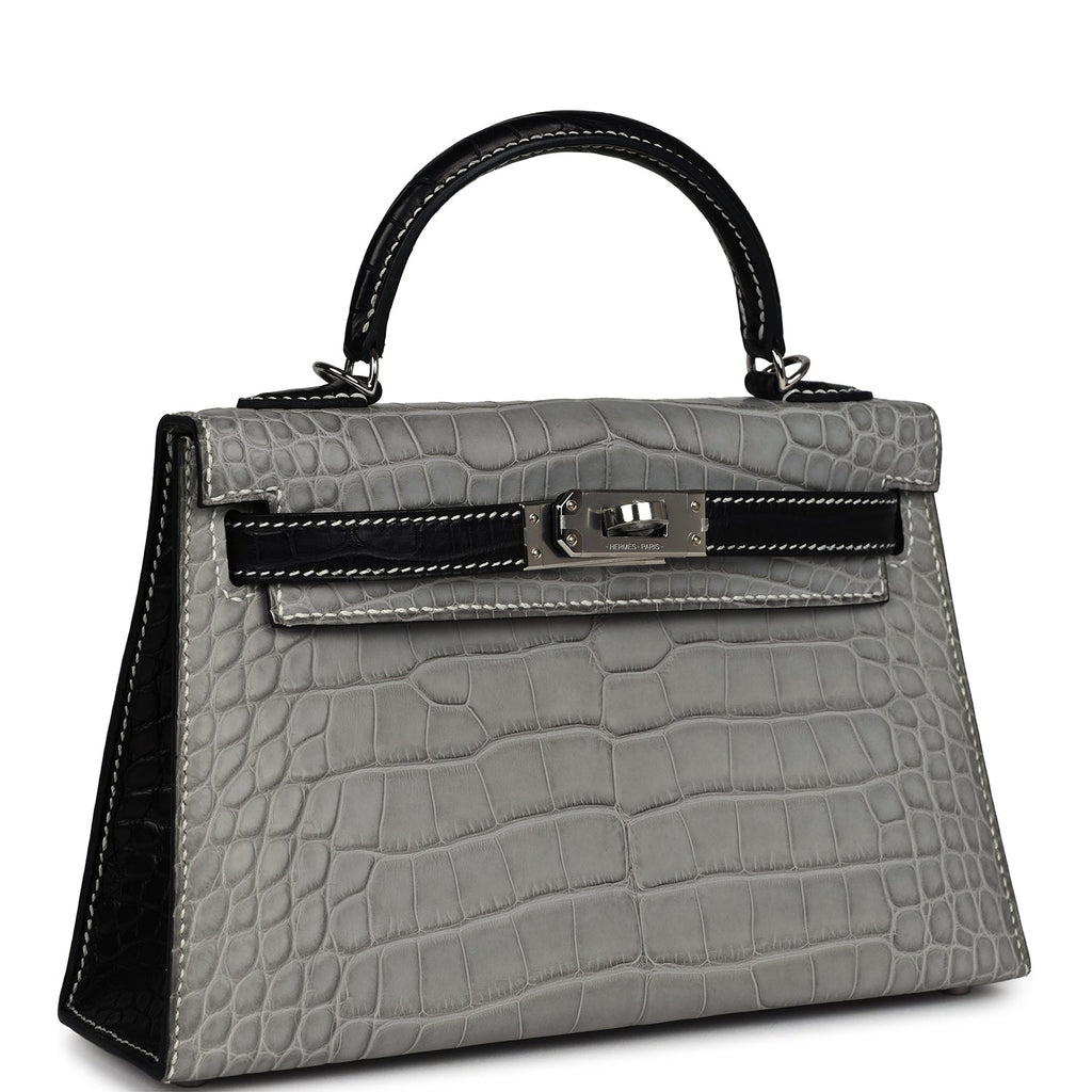 Hermes Special Order (HSS) Kelly Sellier 20 Gris Perle and Black Matte Alligator Palladium Hardware - Exclusu