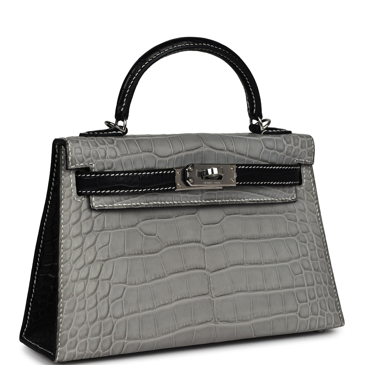 Hermes Special Order (HSS) Kelly Sellier 20 Gris Perle and Black Matte Alligator Palladium Hardware - Exclusu
