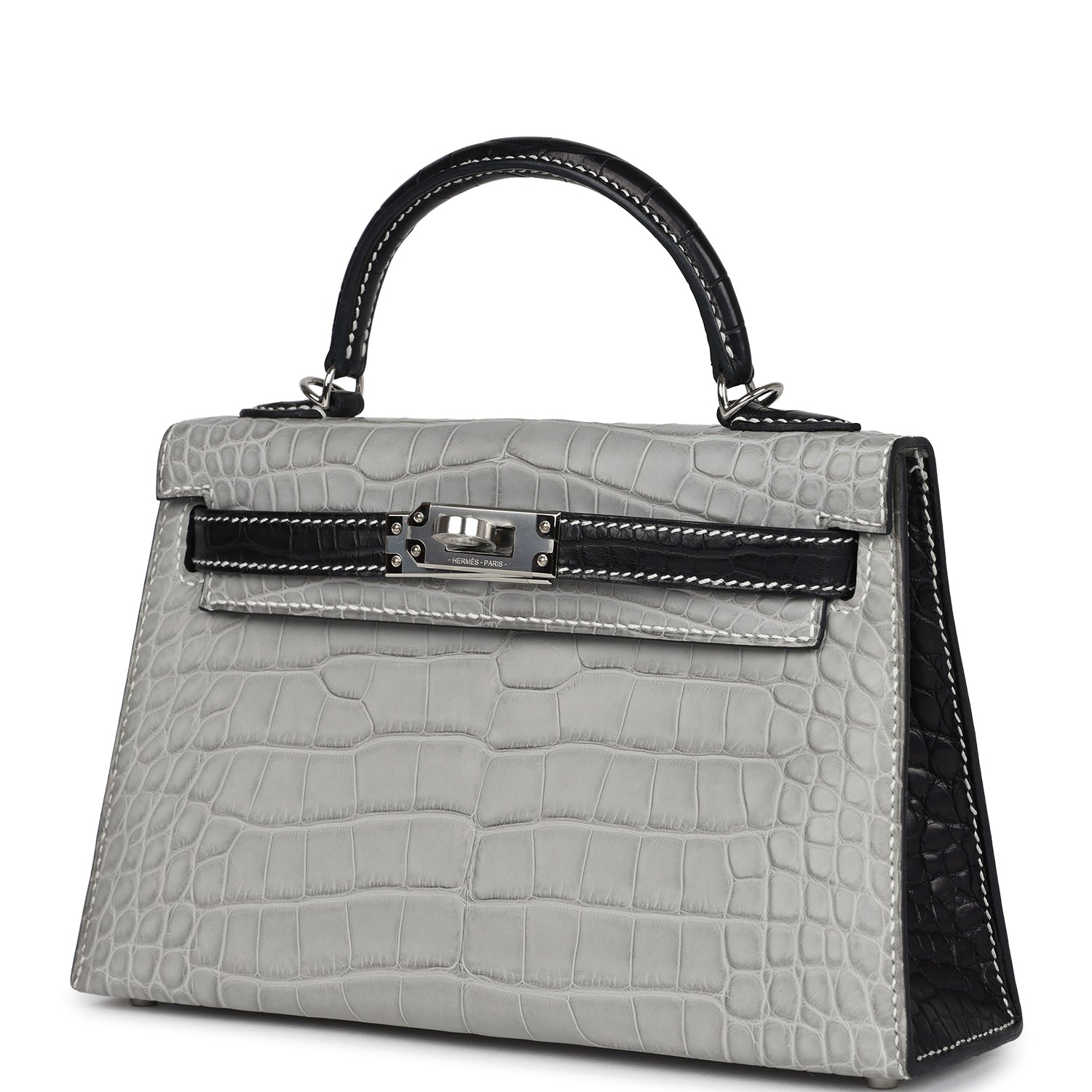 Hermes Special Order (HSS) Kelly Sellier 20 Gris Perle and Black Matte Alligator Palladium Hardware - Exclusu