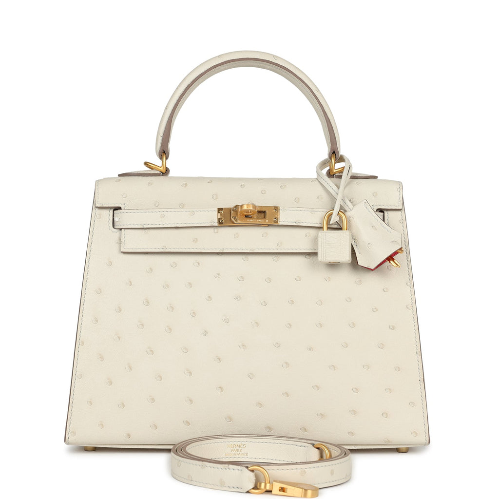 Hermes Special Order (HSS) Kelly Sellier 25 Beton Ostrich Verso Brushed Gold Hardware - Exclusu