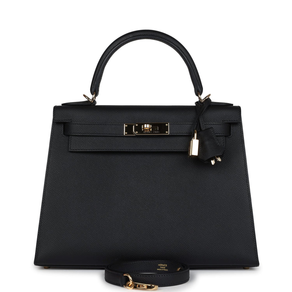 Hermes Kelly Sellier 28 Black Epsom Permabrass Hardware - Exclusu