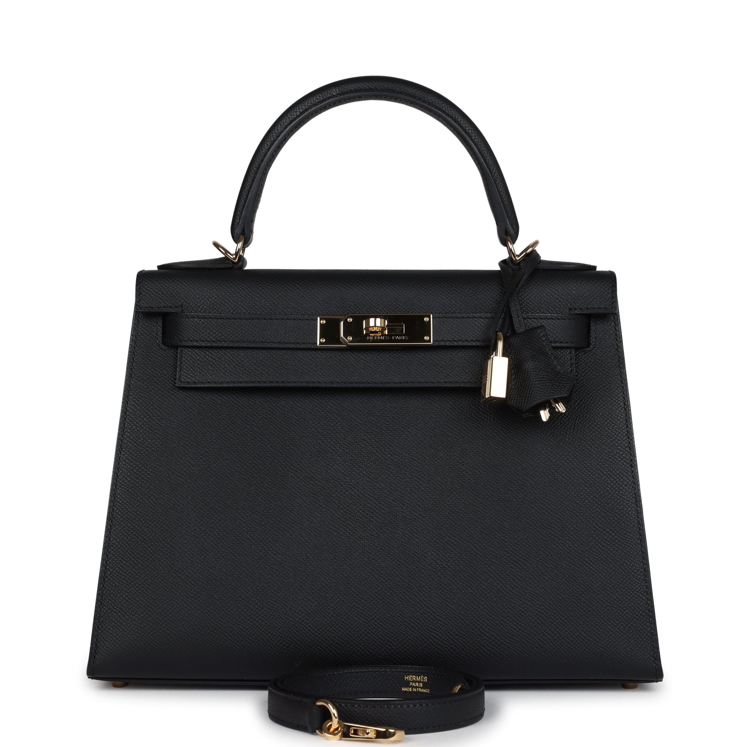 Hermes Kelly Sellier 28 Black Epsom Permabrass Hardware - Exclusu