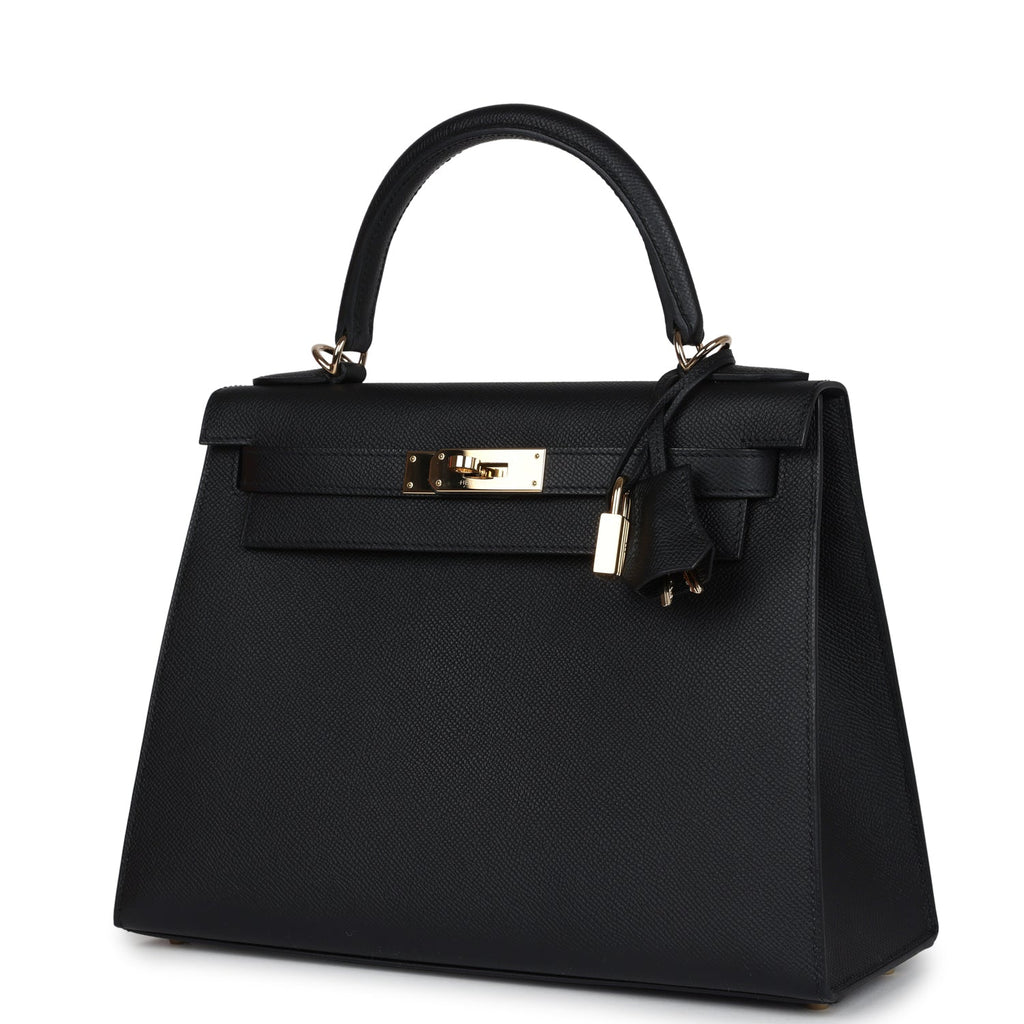 Hermes Kelly Sellier 28 Black Epsom Permabrass Hardware - Exclusu