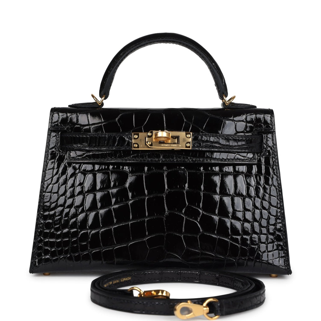Hermes Kelly Sellier 20 Black Shiny Alligator Gold Hardware - Exclusu