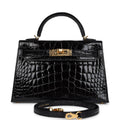 Hermes Kelly Sellier 20 Black Shiny Alligator Gold Hardware - Exclusu