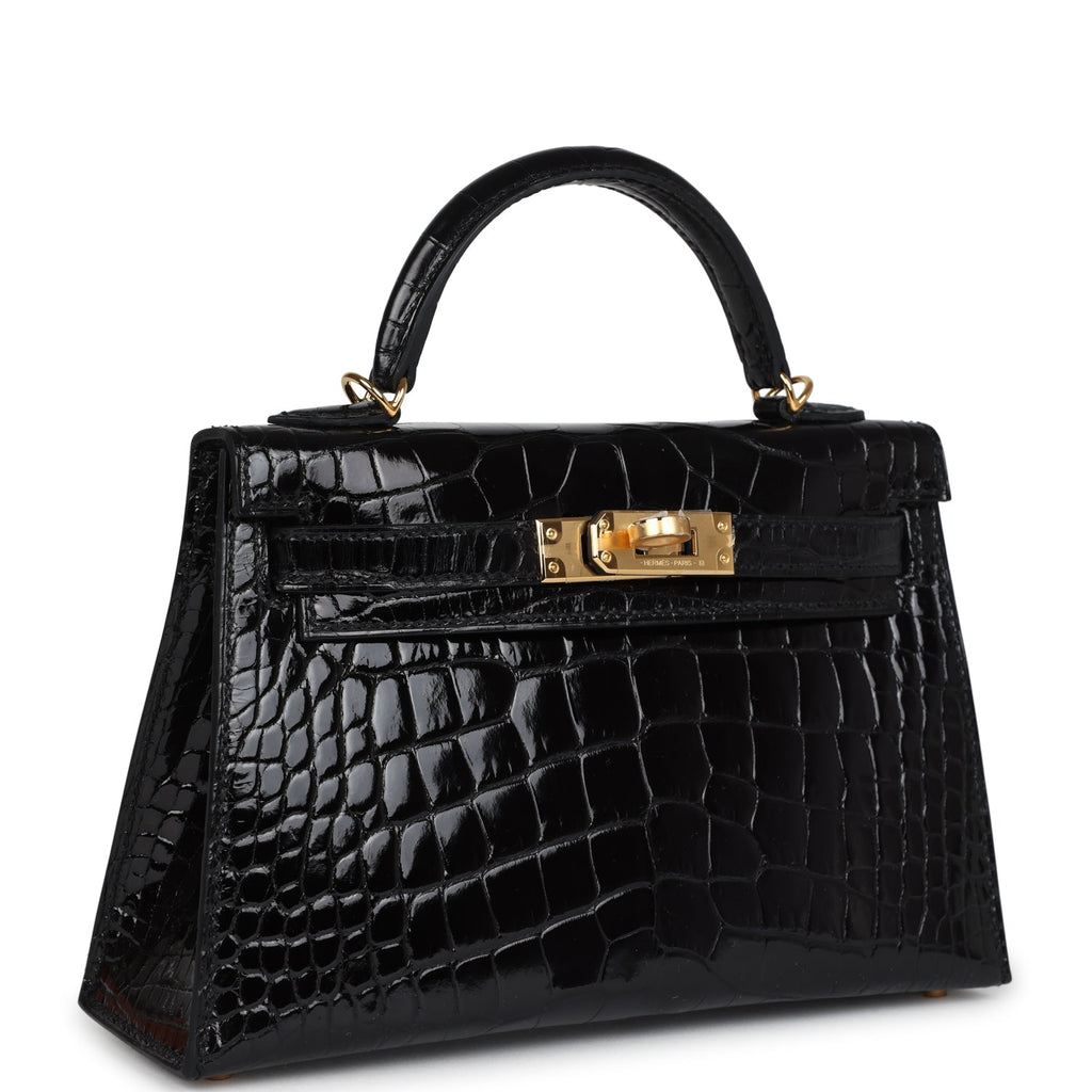 Hermes Kelly Sellier 20 Black Shiny Alligator Gold Hardware - Exclusu
