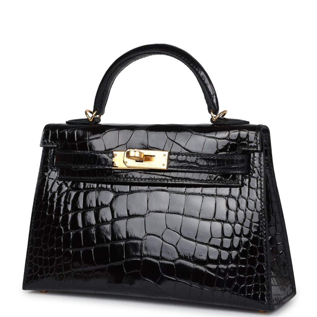 Hermes Kelly Sellier 20 Black Shiny Alligator Gold Hardware - Exclusu