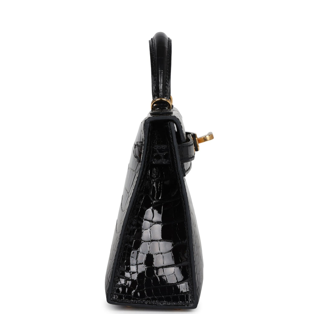 Hermes Kelly Sellier 20 Black Shiny Alligator Gold Hardware - Exclusu