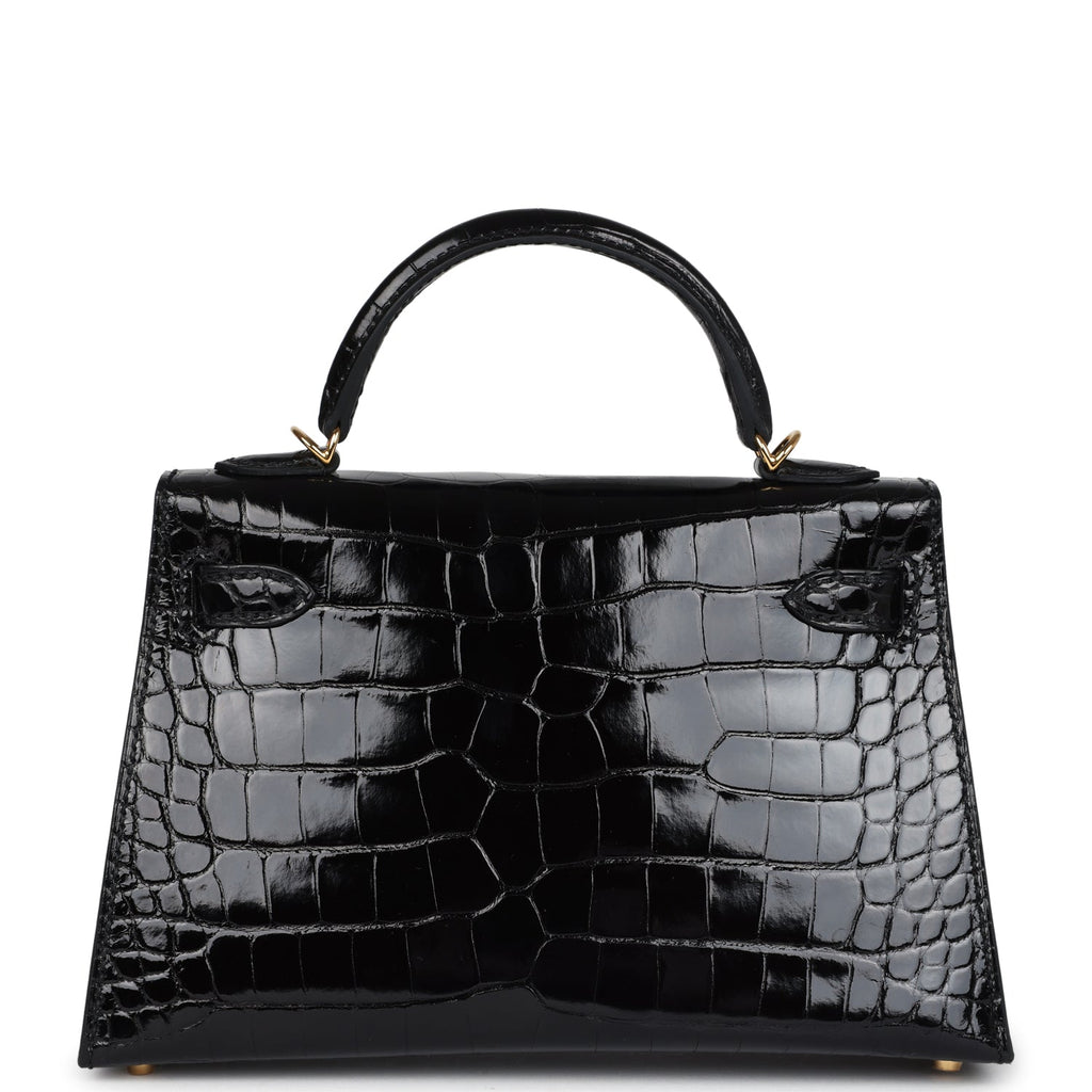 Hermes Kelly Sellier 20 Black Shiny Alligator Gold Hardware - Exclusu