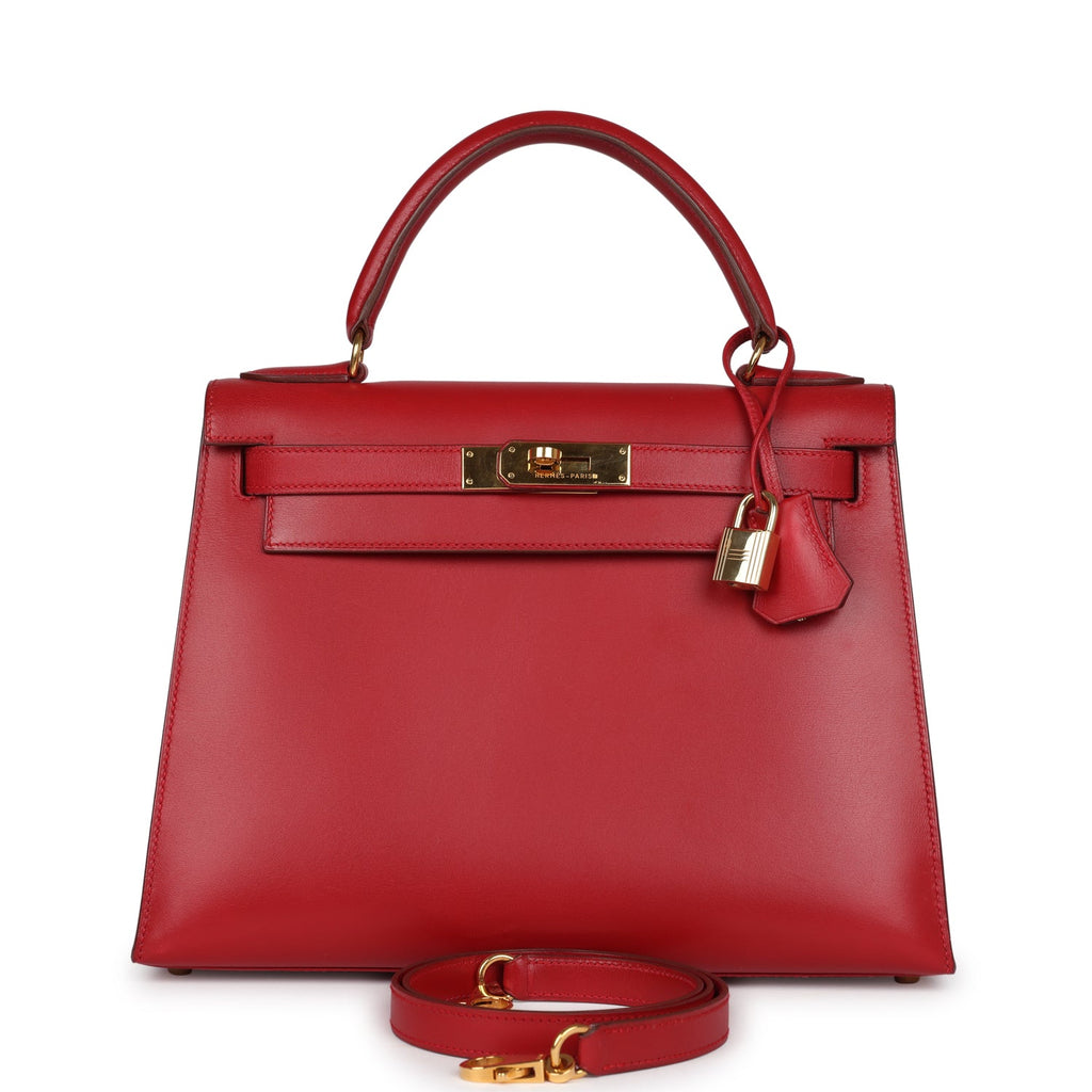 Hermes Kelly Sellier 28 Rouge Vif Box Gold Hardware - Exclusu