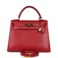 Hermes Kelly Sellier 28 Rouge Vif Box Gold Hardware - Exclusu