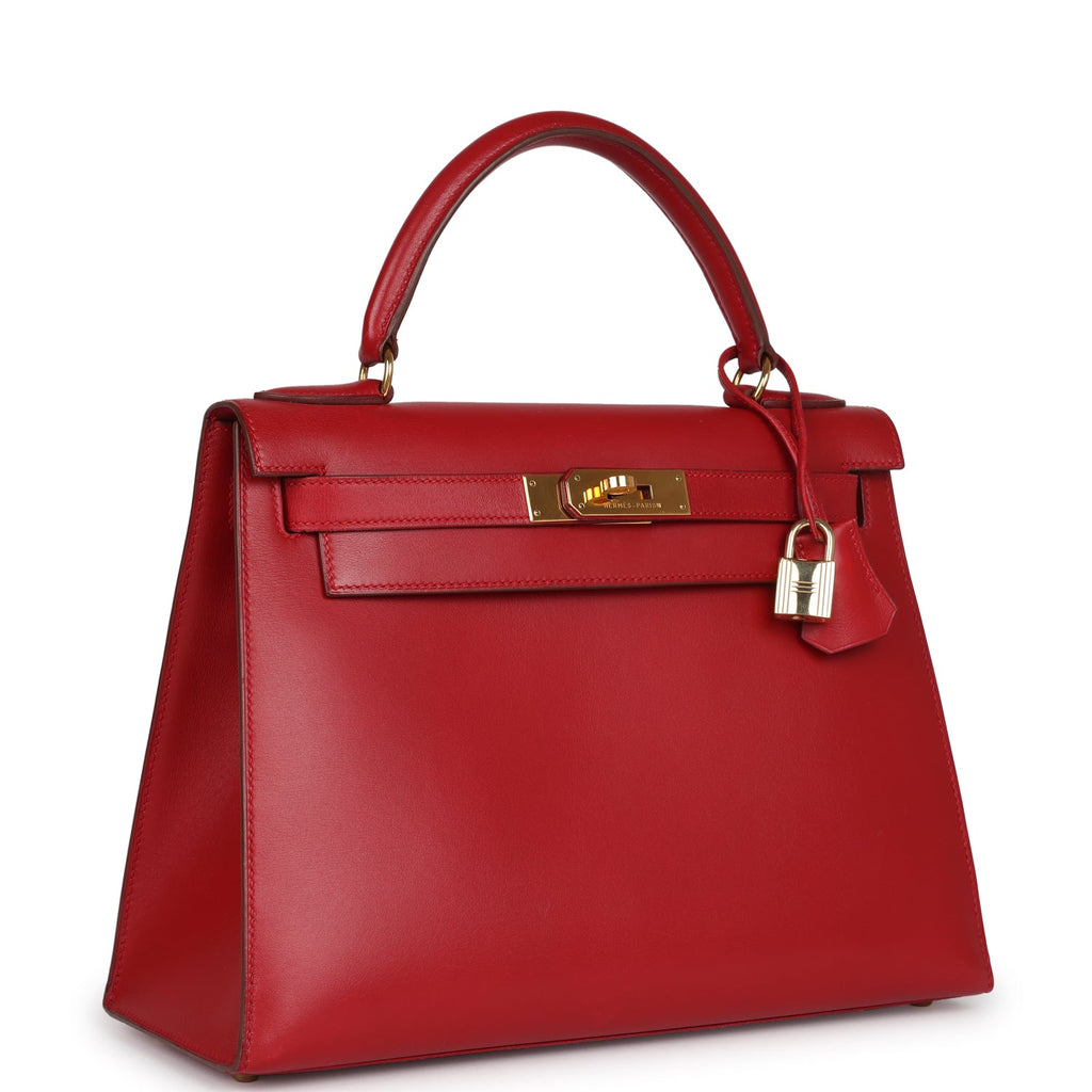 Hermes Kelly Sellier 28 Rouge Vif Box Gold Hardware - Exclusu