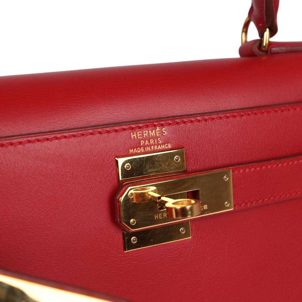 Hermes Kelly Sellier 28 Rouge Vif Box Gold Hardware - Exclusu