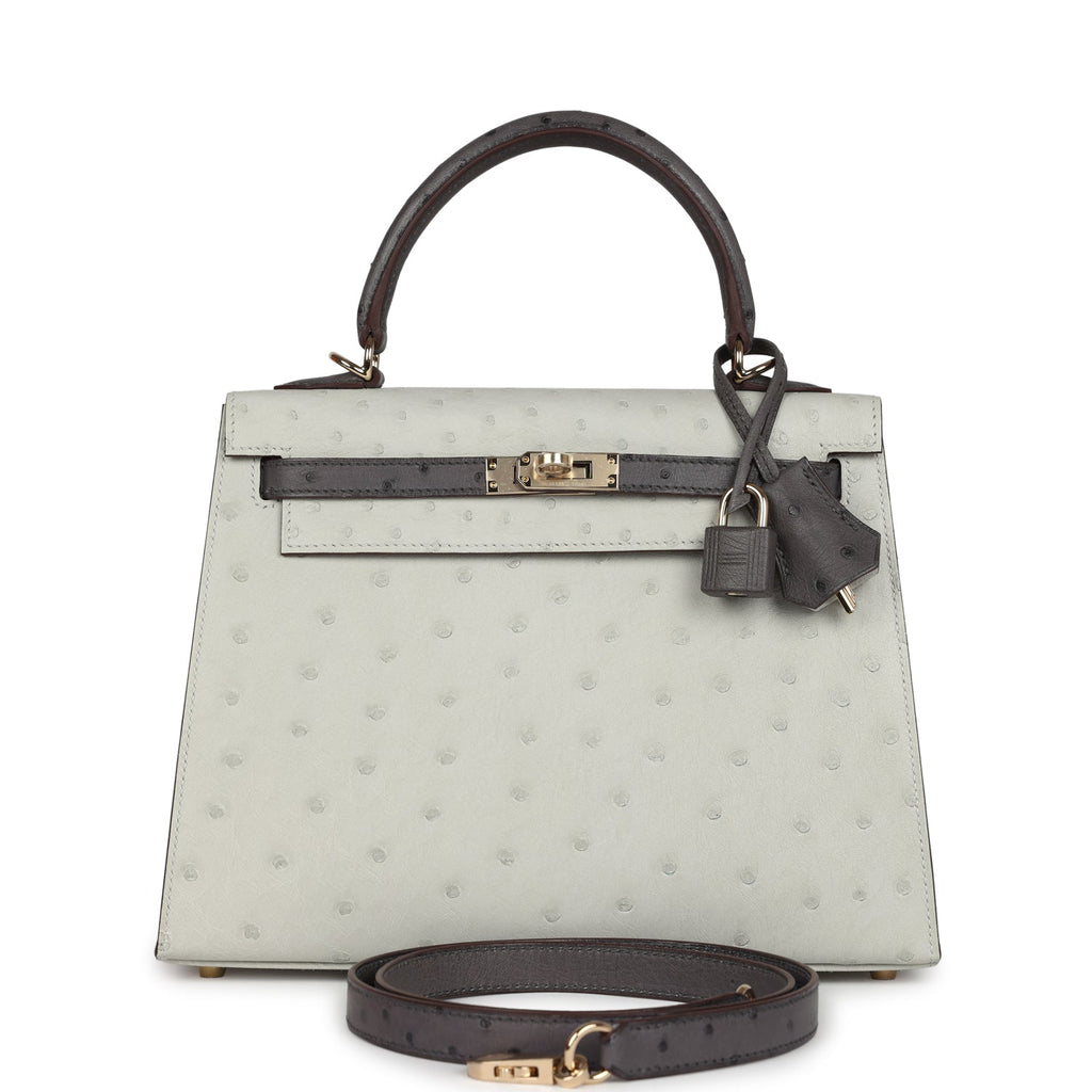 Hermes Special Order (HSS) Kelly Sellier 25 Gris Perle and Graphite Ostrich Permabrass Hardware - Exclusu