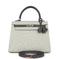 Hermes Special Order (HSS) Kelly Sellier 25 Gris Perle and Graphite Ostrich Permabrass Hardware - Exclusu