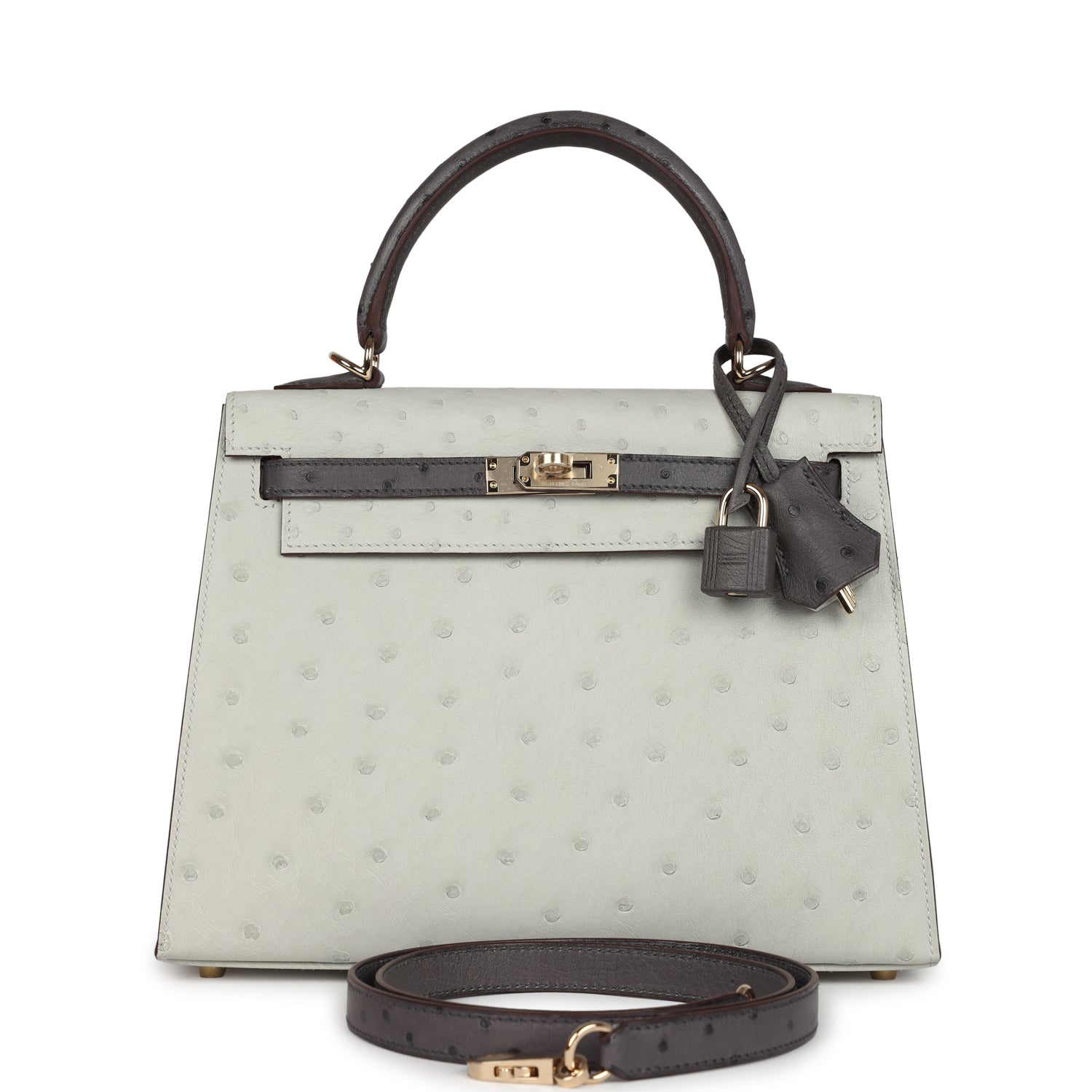 Hermes Special Order (HSS) Kelly Sellier 25 Gris Perle and Graphite Ostrich Permabrass Hardware - Exclusu