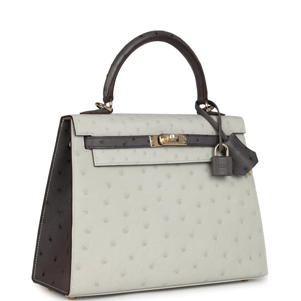 Hermes Special Order (HSS) Kelly Sellier 25 Gris Perle and Graphite Ostrich Permabrass Hardware - Exclusu
