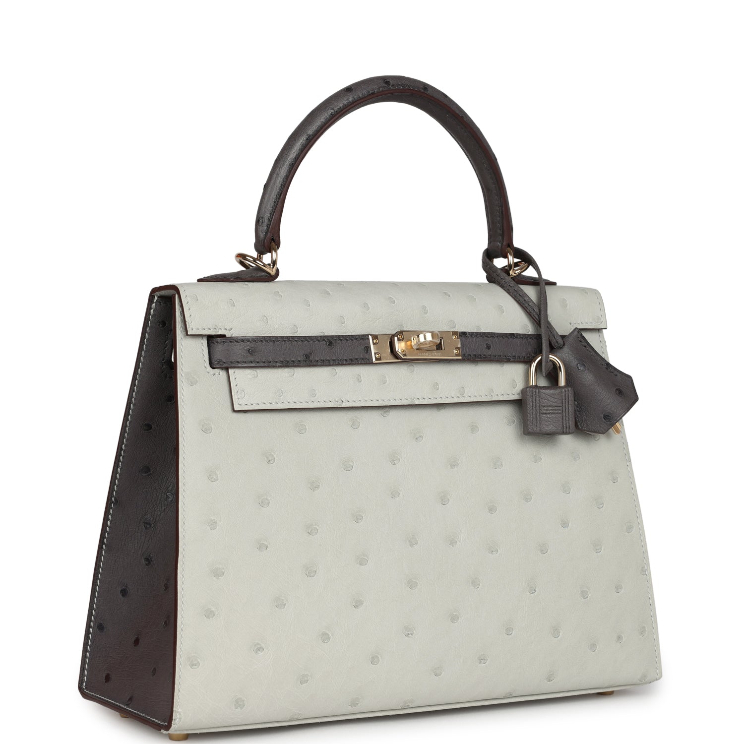 Hermes Special Order (HSS) Kelly Sellier 25 Gris Perle and Graphite Ostrich Permabrass Hardware - Exclusu