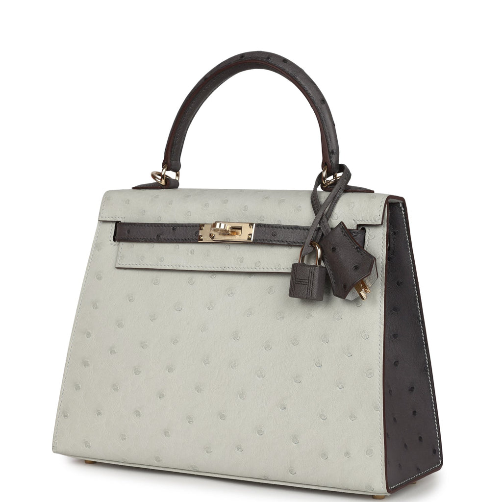 Hermes Special Order (HSS) Kelly Sellier 25 Gris Perle and Graphite Ostrich Permabrass Hardware - Exclusu