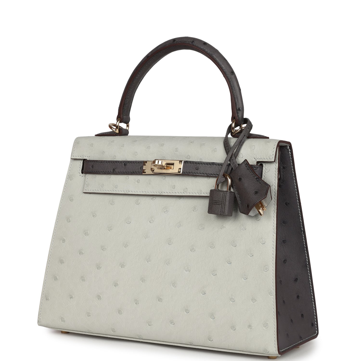 Hermes Special Order (HSS) Kelly Sellier 25 Gris Perle and Graphite Ostrich Permabrass Hardware - Exclusu