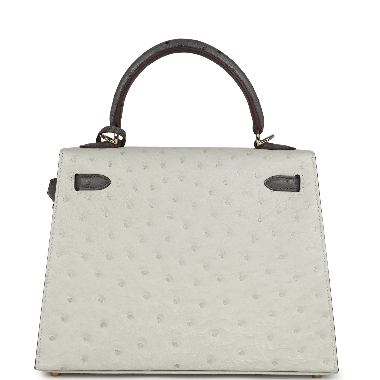 Hermes Special Order (HSS) Kelly Sellier 25 Gris Perle and Graphite Ostrich Permabrass Hardware - Exclusu