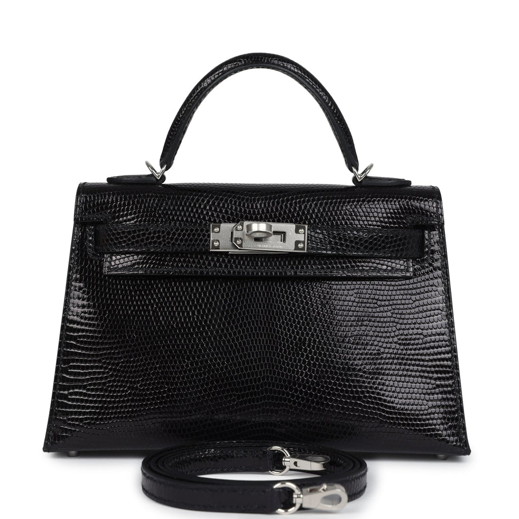 Hermes Kelly Sellier 20 Black Varanus Niloticus Lizard Palladium Hardware - Exclusu
