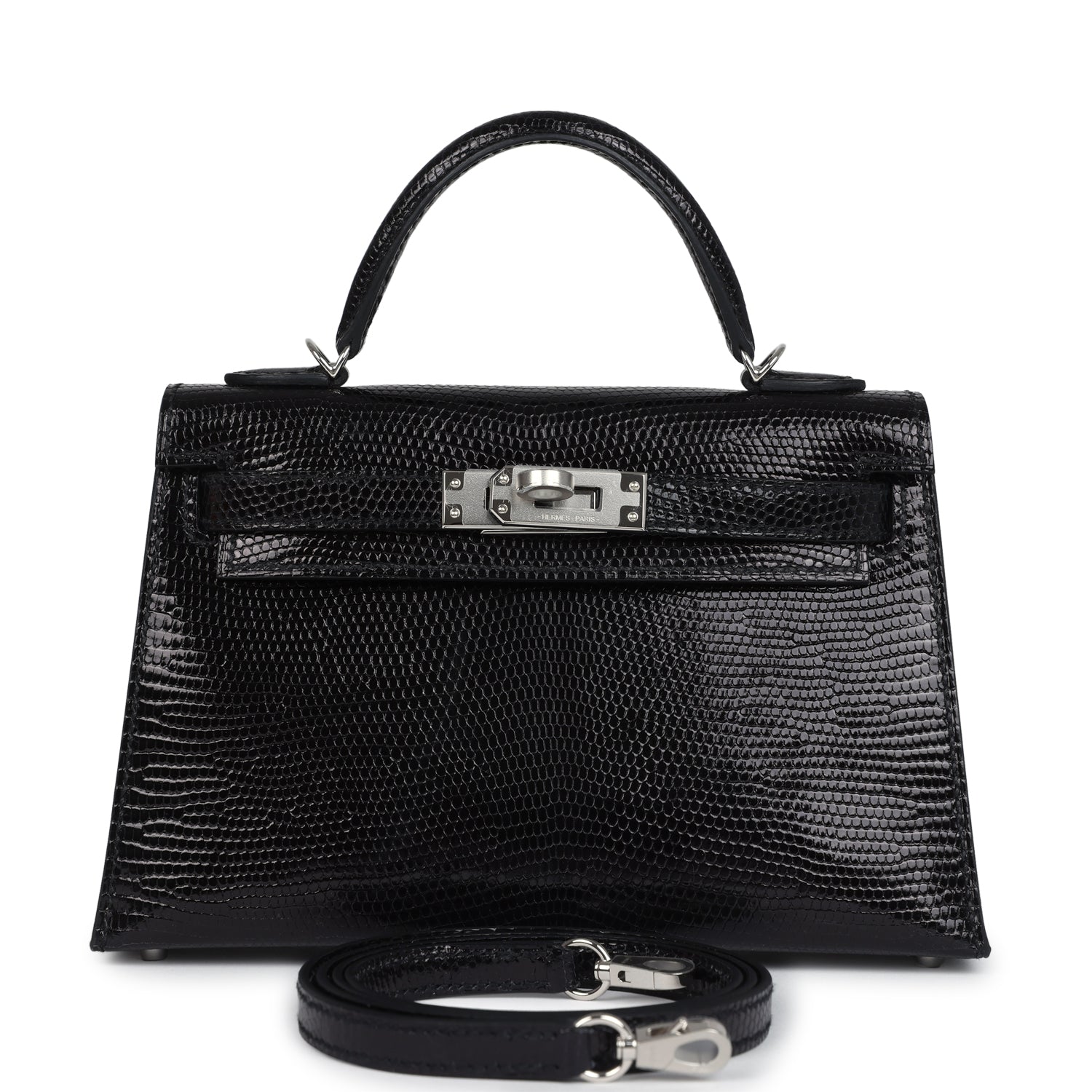 Hermes Kelly Sellier 20 Black Varanus Niloticus Lizard Palladium Hardware - Exclusu