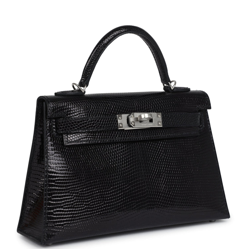 Hermes Kelly Sellier 20 Black Varanus Niloticus Lizard Palladium Hardware - Exclusu