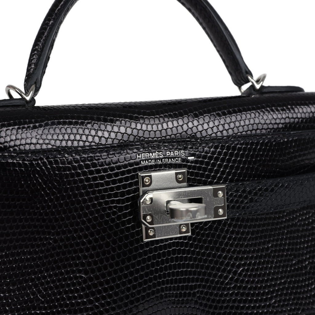 Hermes Kelly Sellier 20 Black Varanus Niloticus Lizard Palladium Hardware - Exclusu