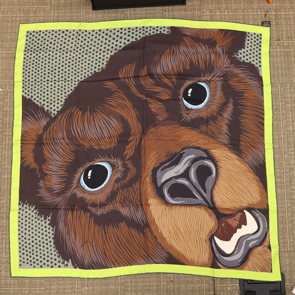 Hermes “Yellowstone Forever Grrrrr!” Marron/Lime/Sapin Silk Scarf 100cm - Exclusu