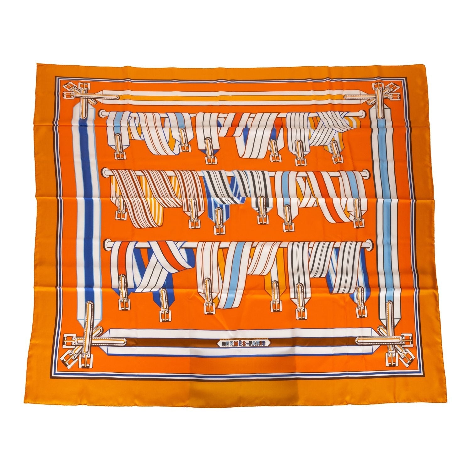 Hermes 'Les Sangles Finesse' Curry Giant Silk Shawl Scarf 140cm - Exclusu