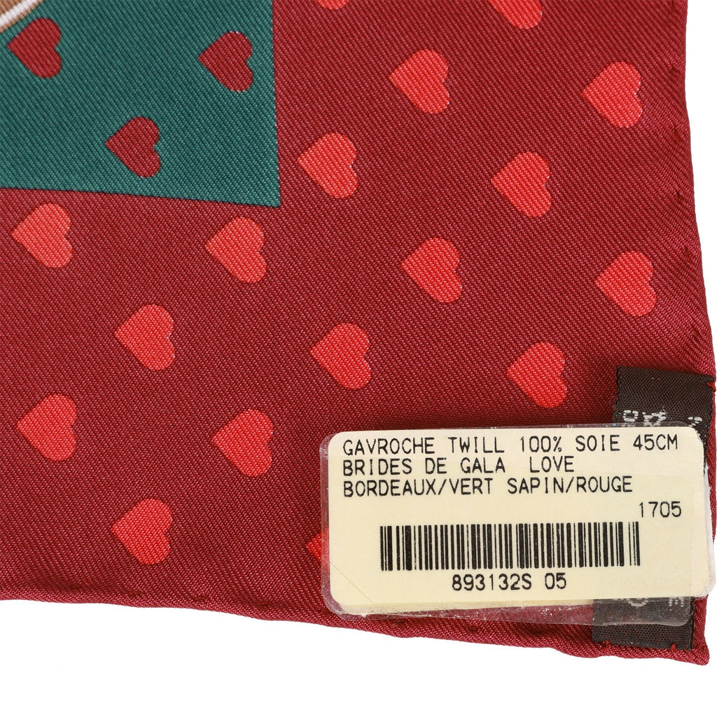 Hermes 'Brides de Gala Love' Bordeaux Silk Pocket Square Scarf 45cm - Exclusu