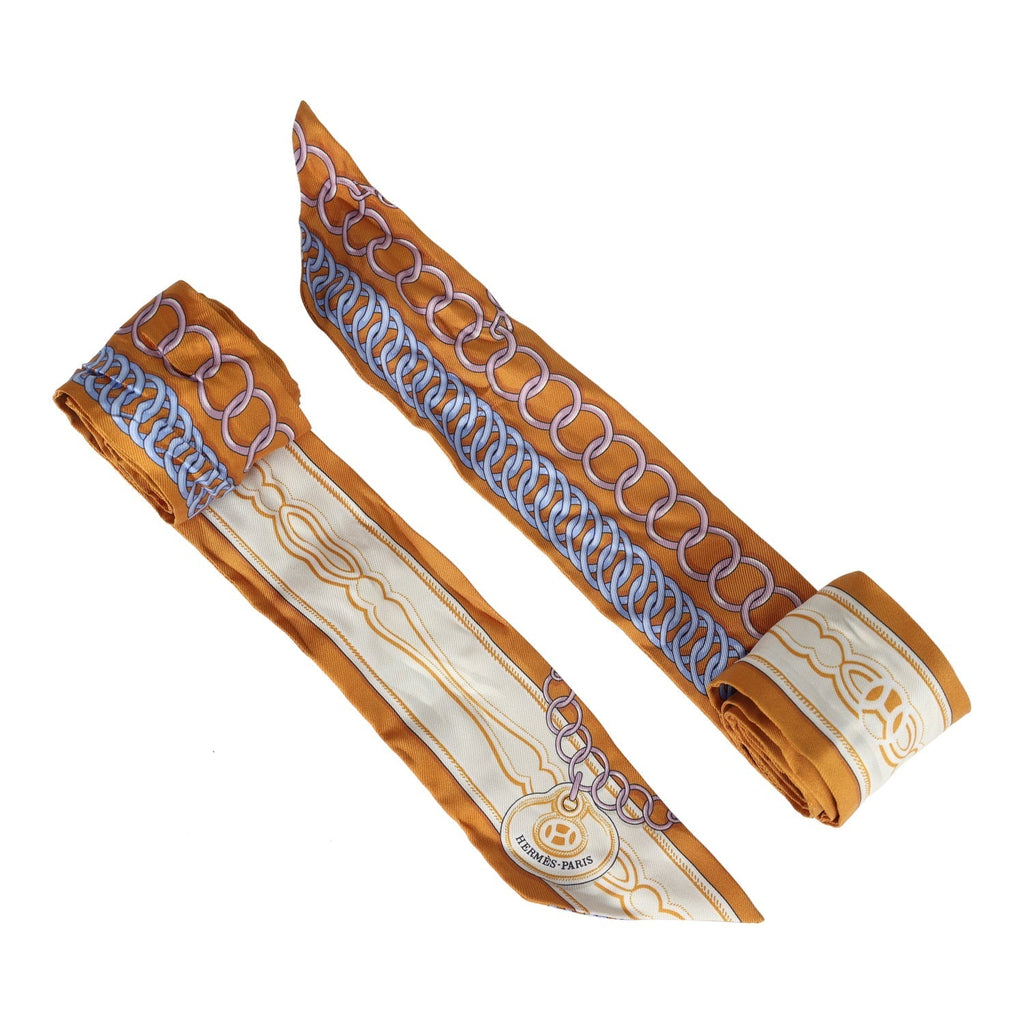 Hermes 'Maillons' Orange Multi Silk Twilly Pair - Exclusu