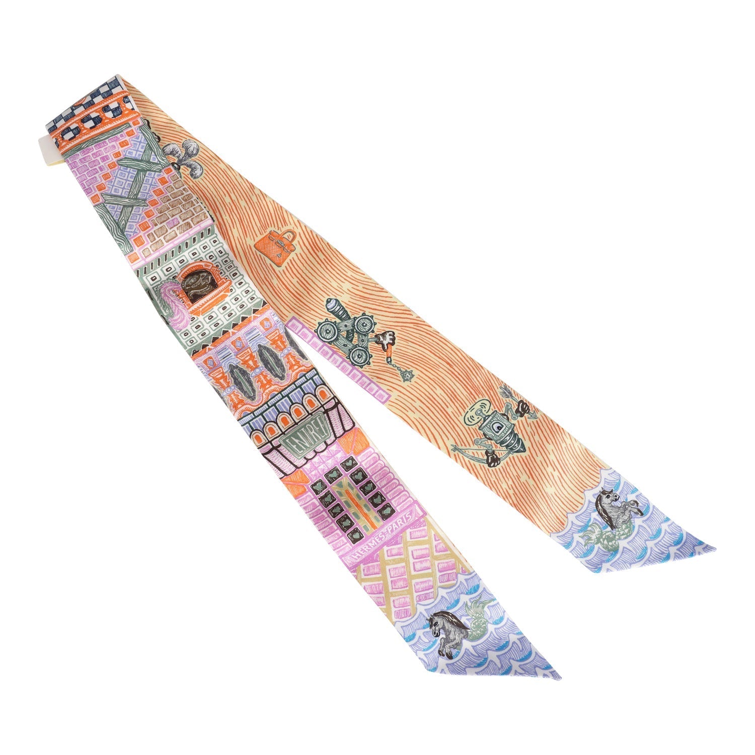 Hermes 'Super Silk Quest' Orange Multi Silk Twilly Pair - Exclusu