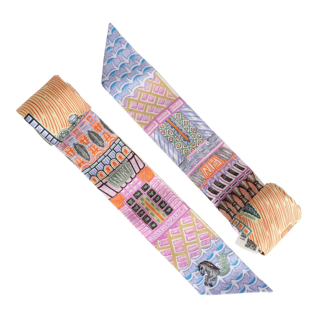 Hermes 'Super Silk Quest' Orange Multi Silk Twilly Pair - Exclusu