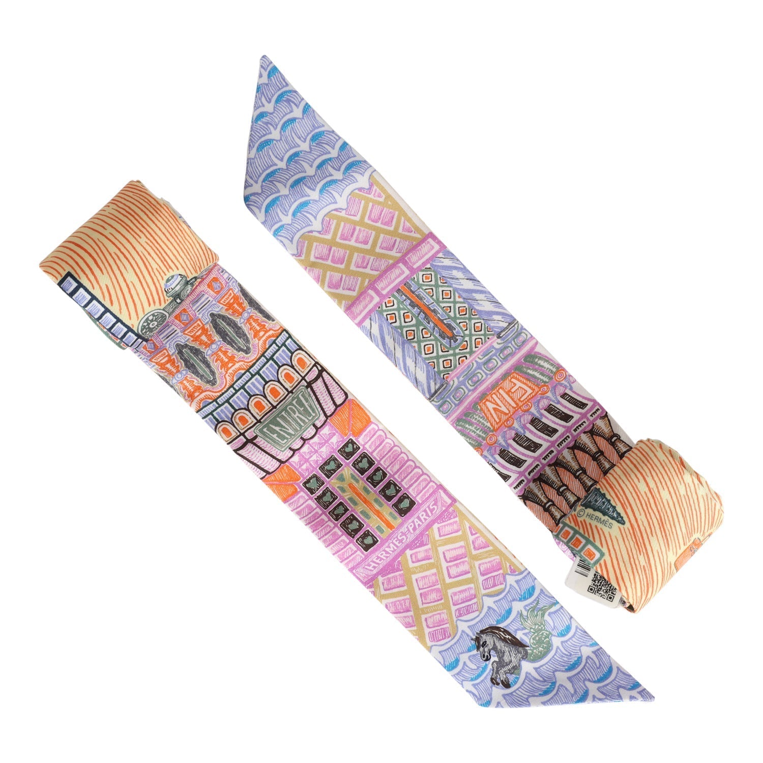 Hermes 'Super Silk Quest' Orange Multi Silk Twilly Pair - Exclusu