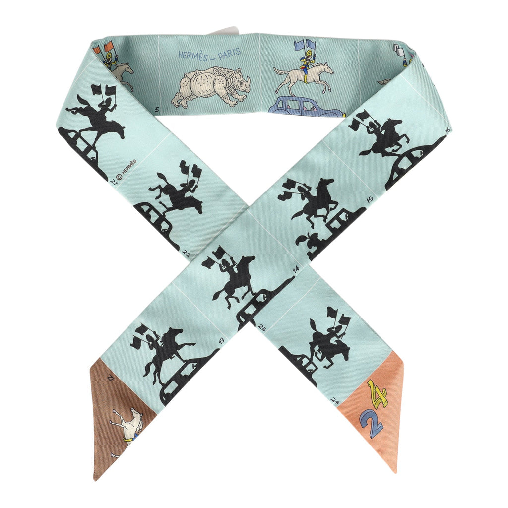 Hermes 'Parade' Vert Amande and Marron Multi Silk Twilly Pair - Exclusu