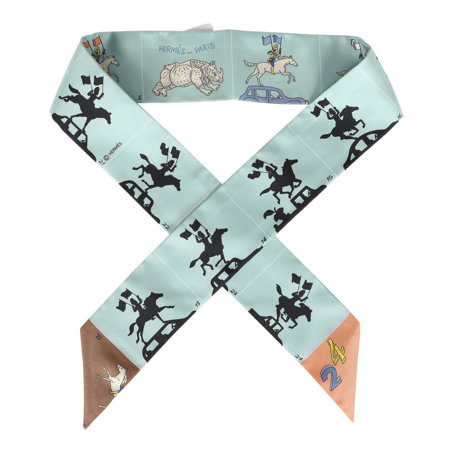 Hermes 'Parade' Vert Amande and Marron Multi Silk Twilly Pair - Exclusu