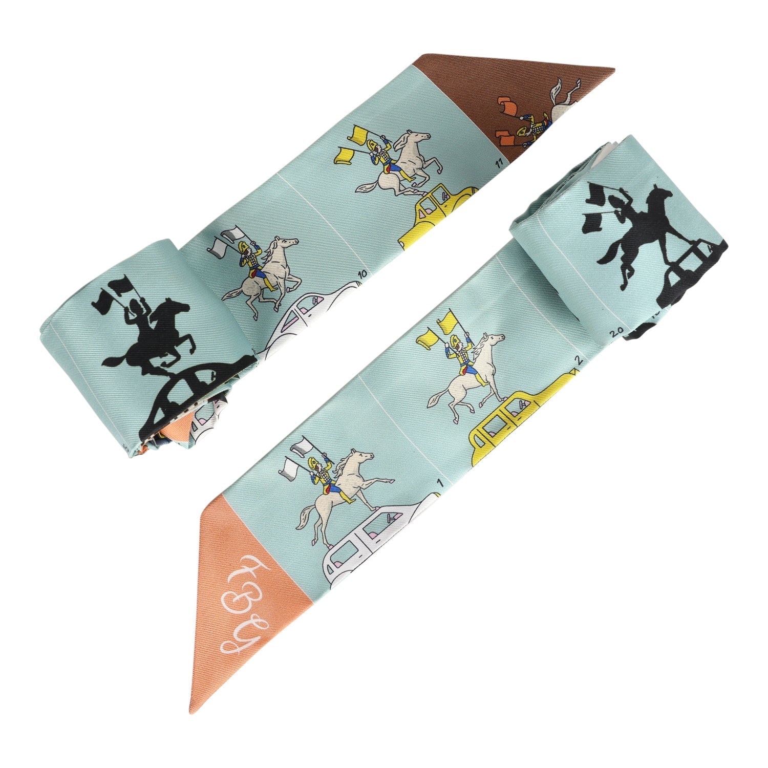 Hermes 'Parade' Vert Amande and Marron Multi Silk Twilly Pair - Exclusu