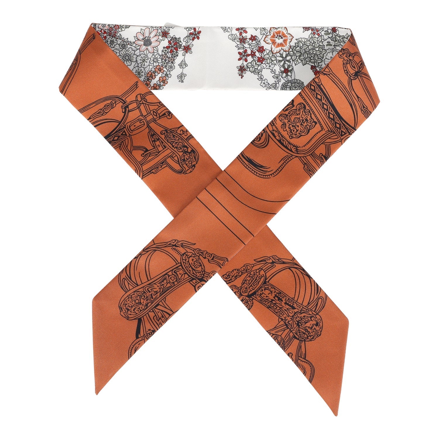 Hermes 'Brides de Gala En Fleur' Blanc, Cuir and Gris Multi Silk Twilly - Exclusu