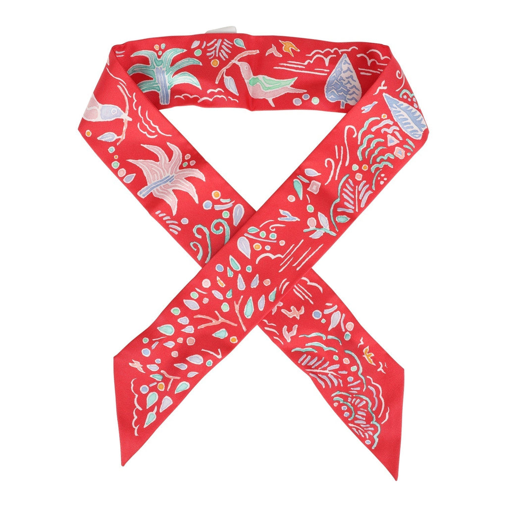 Hermes 'Isola Di Primavera' Vert, Bleu and Grenadine Multi Silk Twilly Pair - Exclusu