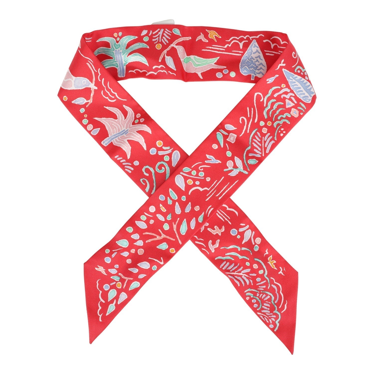 Hermes 'Isola Di Primavera' Vert, Bleu and Grenadine Multi Silk Twilly Pair - Exclusu