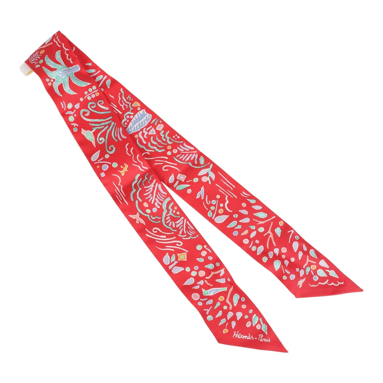 Hermes 'Isola Di Primavera' Vert, Bleu and Grenadine Multi Silk Twilly Pair - Exclusu