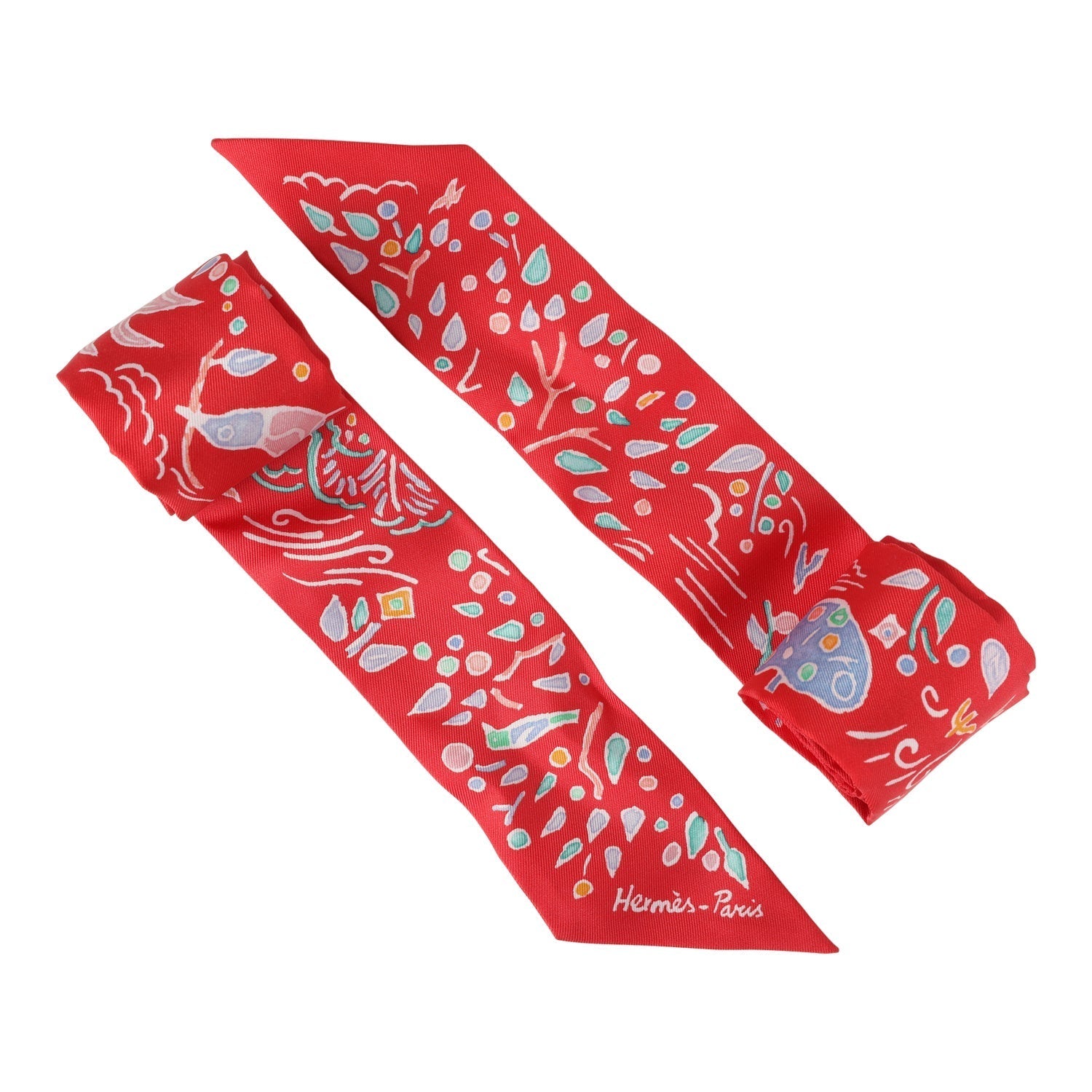 Hermes 'Isola Di Primavera' Vert, Bleu and Grenadine Multi Silk Twilly Pair - Exclusu