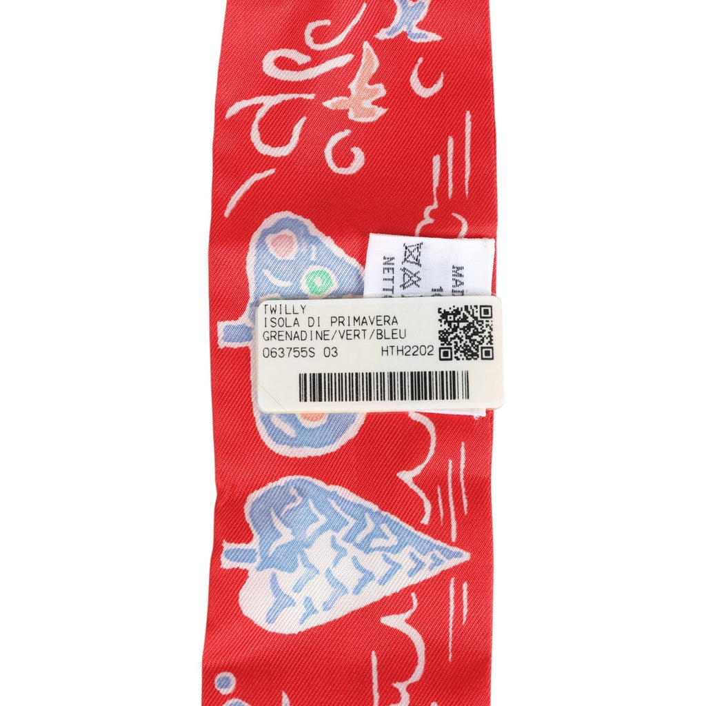 Hermes 'Isola Di Primavera' Vert, Bleu and Grenadine Multi Silk Twilly Pair - Exclusu