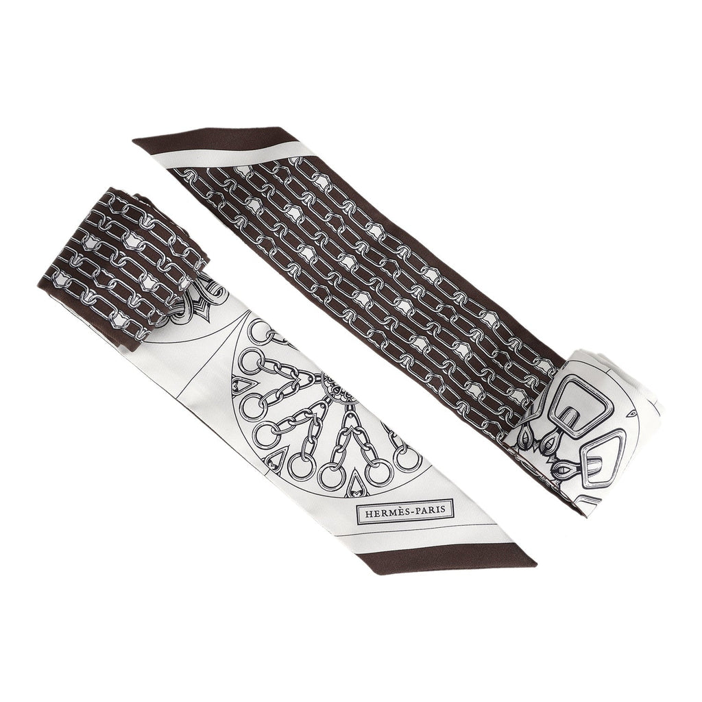 Hermes 'L' Effet Kaleidoscope' Blanc, Anthracite and Marron Multi Silk Twilly Pair - Exclusu