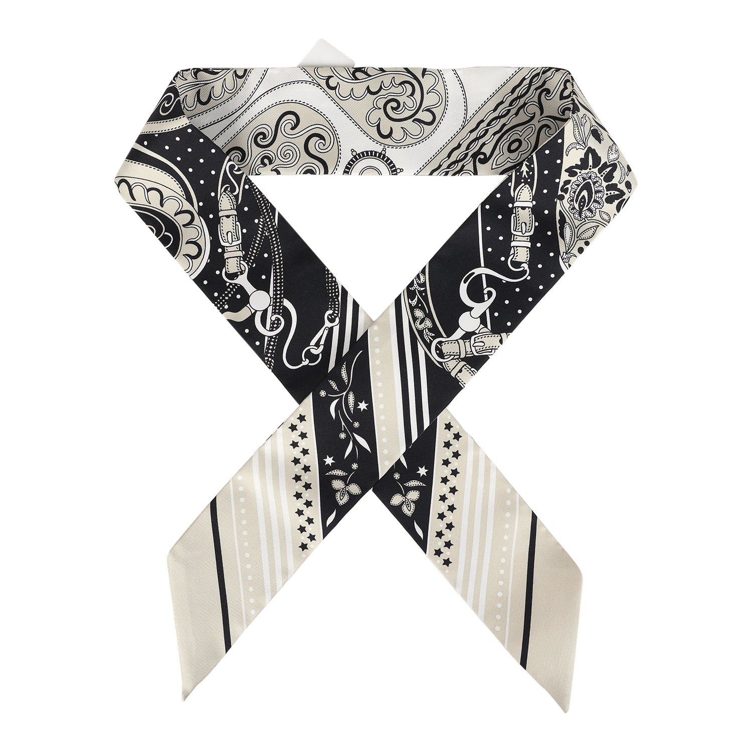 Hermes 'Festival Des Amazones' Blanc, Black and Grege Multi Silk Twilly Pair - Exclusu